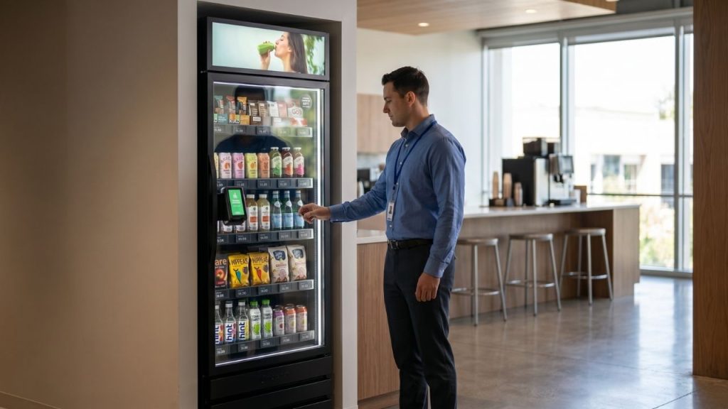 Employee selecting a coffee from a Micro Mart smart vending machine in a shared office breakroom