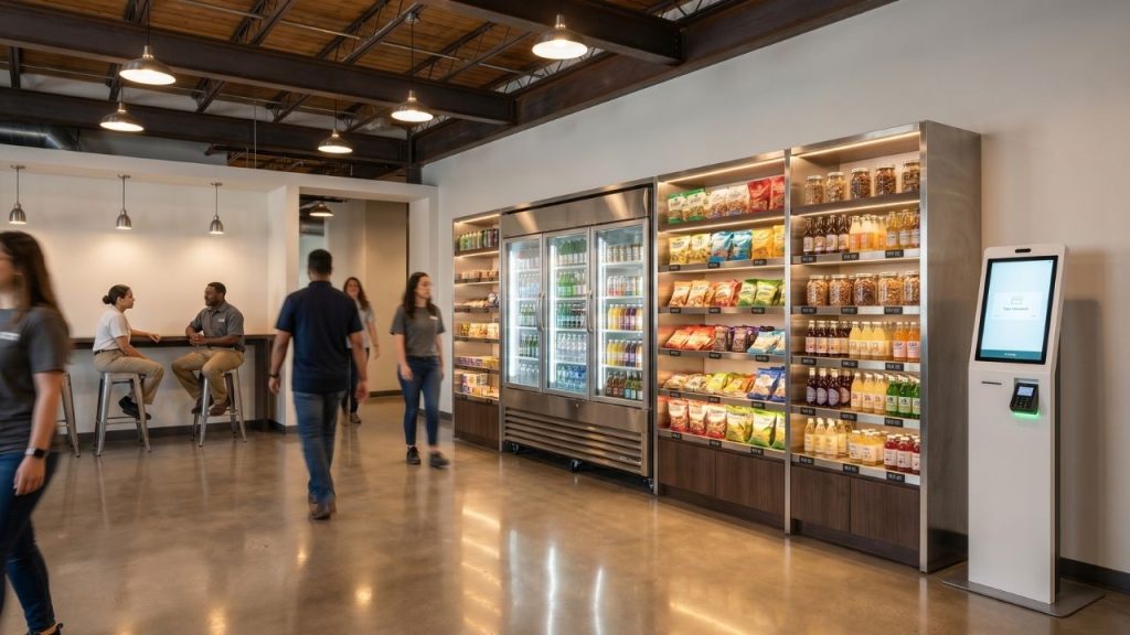 Open-concept micro market with self-checkout offering a broader selection for a high-traffic industrial break area