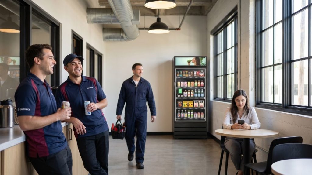 Delivery drivers and tenant employees taking a break near a shared industrial park vending area.