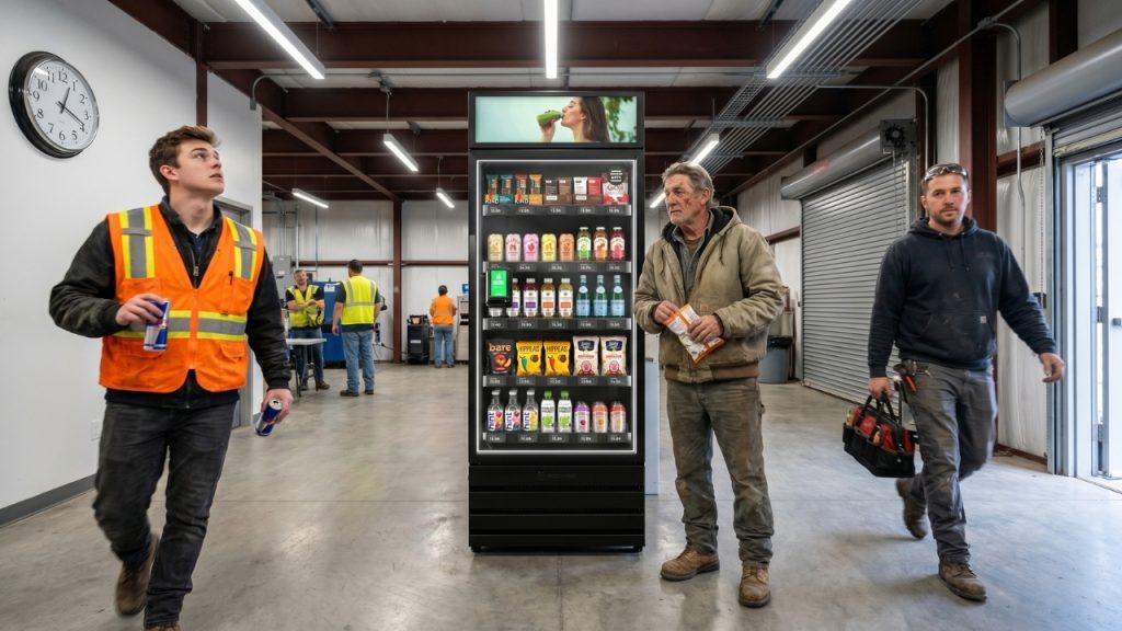 Different industrial shift workers using a vending cabinet for different needs during breaks and shift changes.