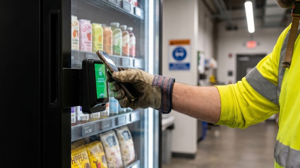 Industrial worker tapping a mobile wallet to quickly pay at a cashless vending cabinet during a fast break.