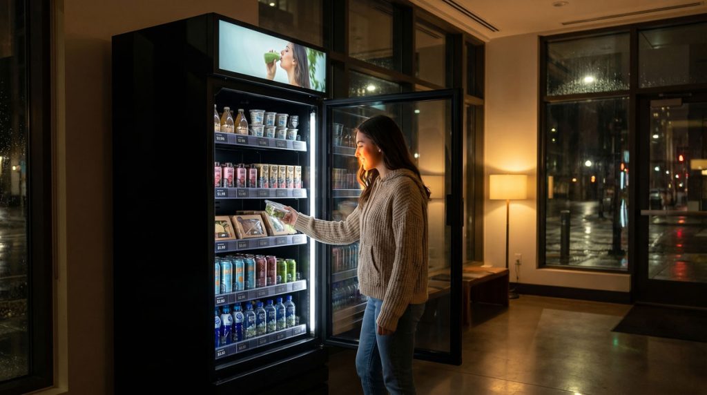 Apartment resident utilizing an unstaffed grab-and-go kiosk for a late-night snack.