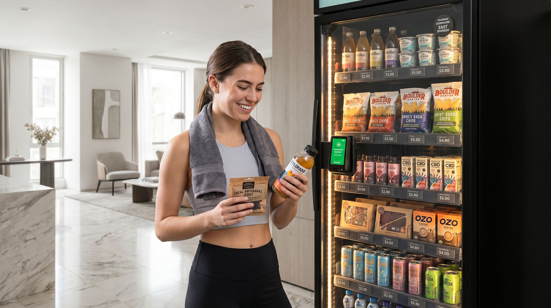 Gym member smiling as she discovers local Colorado products stocked inside a gym smart store.