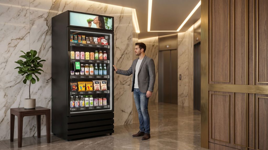 Compact smart vending cabinet fitting naturally into a small luxury apartment building common area corridor.