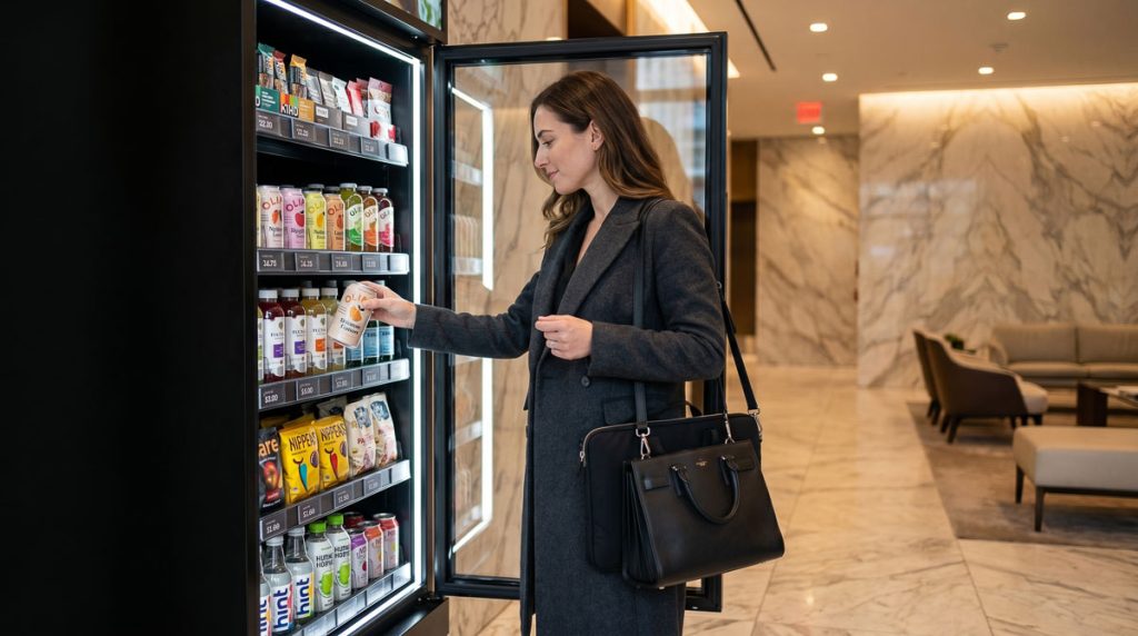 Luxury apartment tenant grabbing a drink from a smart vending cabinet after returning home during evening commute.