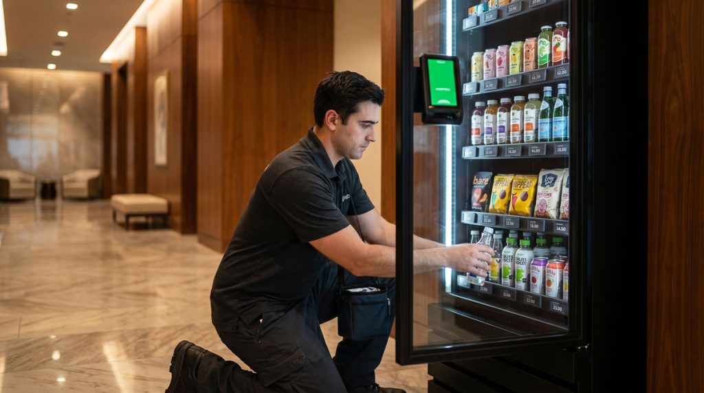 Vending service technician professionally restocking a smart cabinet in a luxury office or apartment building.