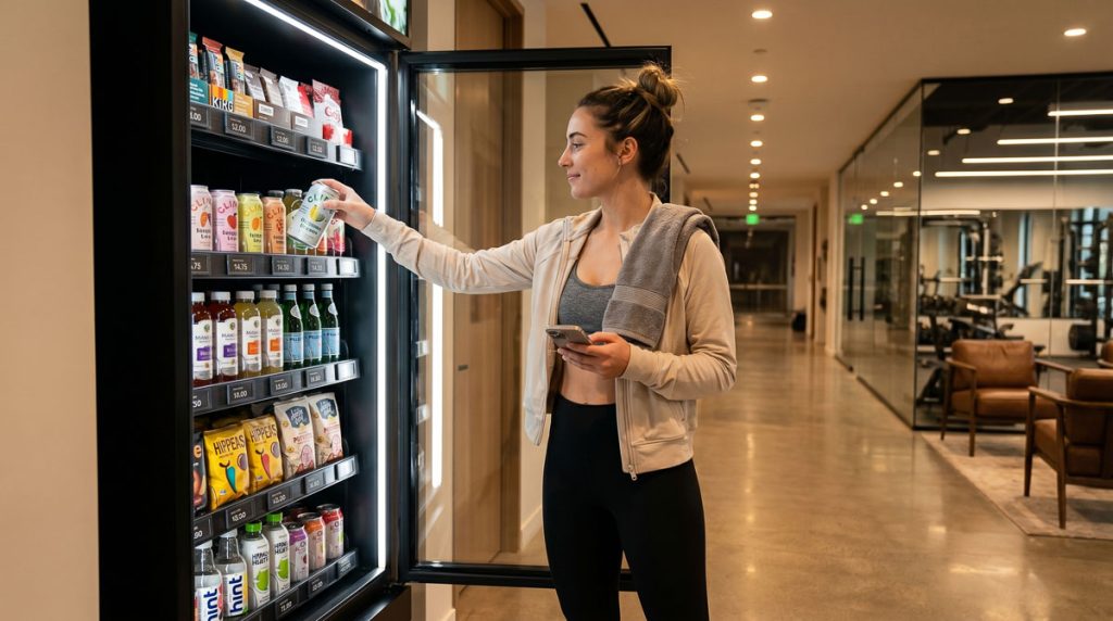 Luxury apartment resident grabbing a protein drink from a healthy smart vending cabinet after a gym workout.
