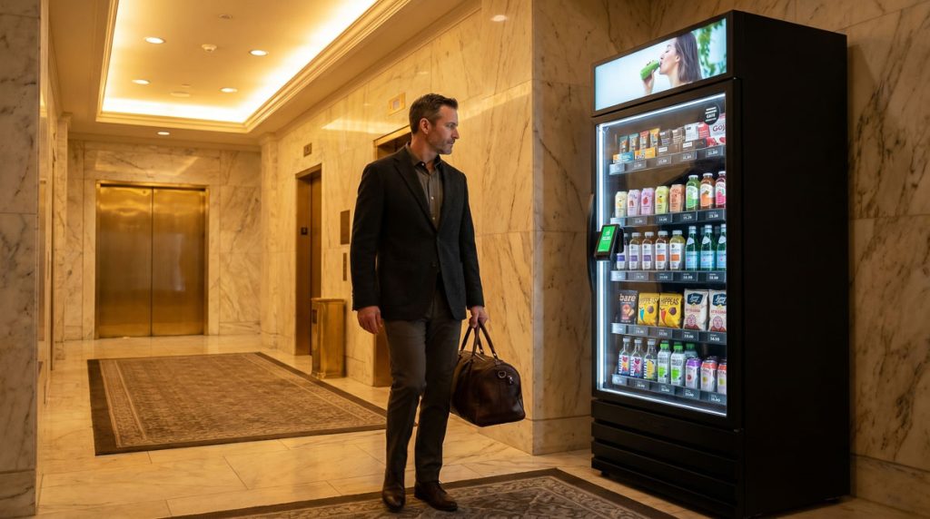 Hotel or luxury apartment guest naturally accessing a smart vending cabinet in an upscale building common area.