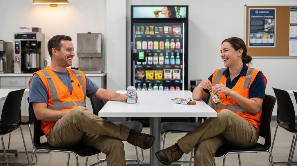 Manufacturing shift workers relaxing and connecting during a comfortable break in an upgraded factory breakroom.