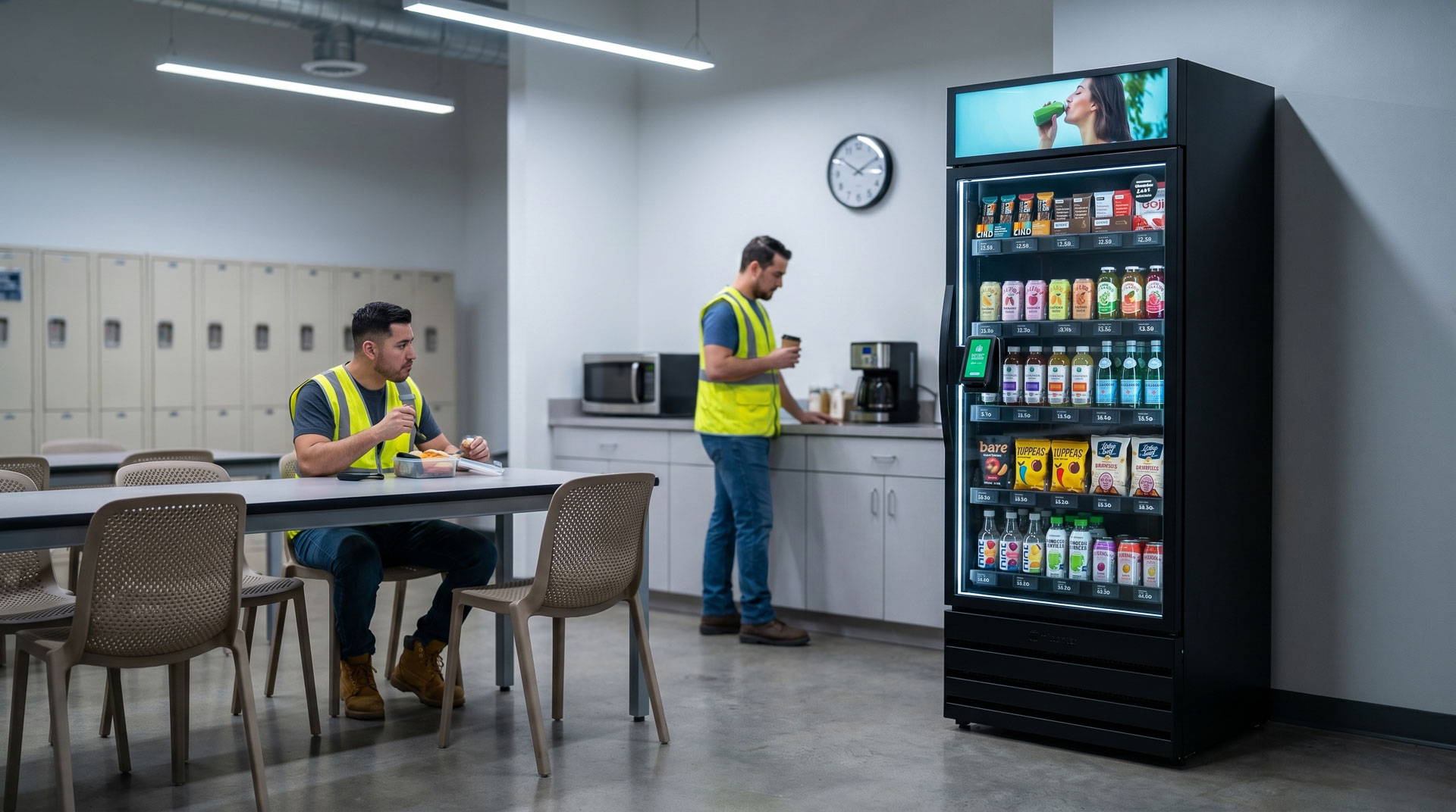 Smart vending cabinet in a manufacturing facility break room keeping shift workers fueled during short work breaks