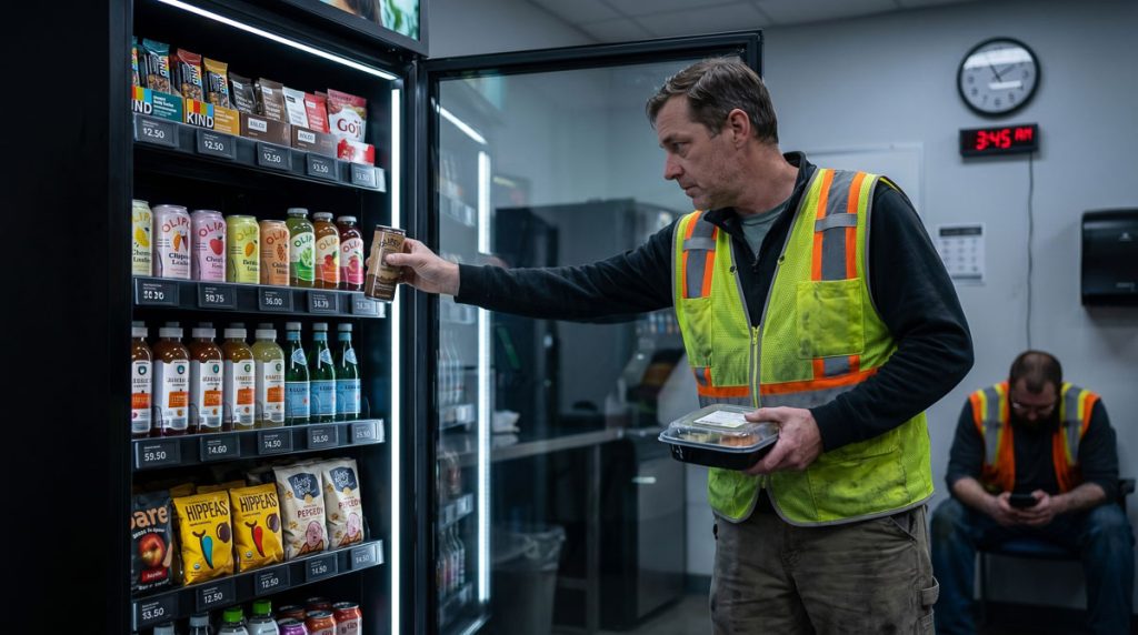 Third shift manufacturing worker grabbing coffee and a meal from a smart vending cabinet during an overnight factory break.