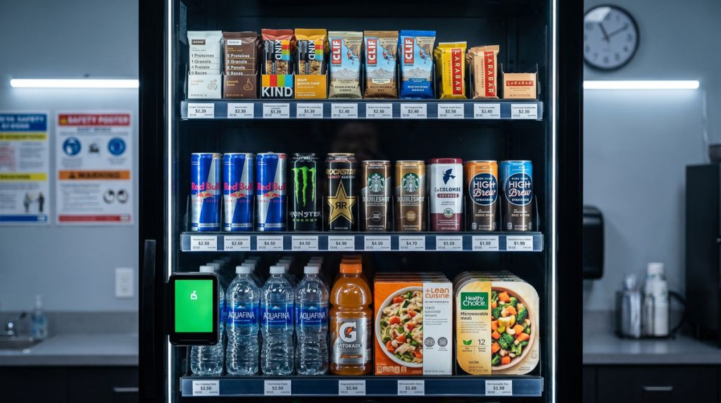 Smart vending cabinet shelves stocked with energy drinks hearty snacks and quick meals for manufacturing shift workers.