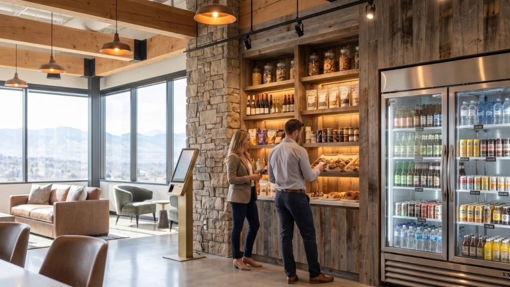 Employees browsing an open-concept micro market with grab-and-go snacks and drinks in a Denver-area office breakroom during lunch