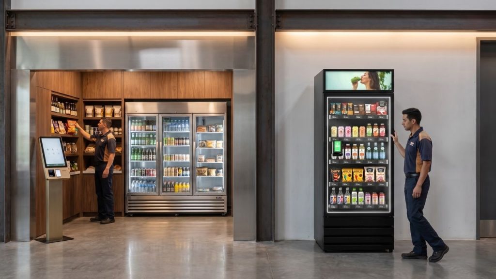 Side-by-side comparison of a micro market and a smart vending machine installed in the same warehouse breakroom