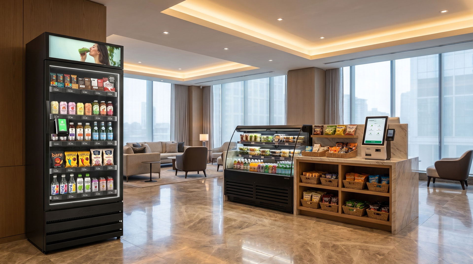 Smart vending cabinet and open micro market display side by side in a luxury workplace or apartment common area.