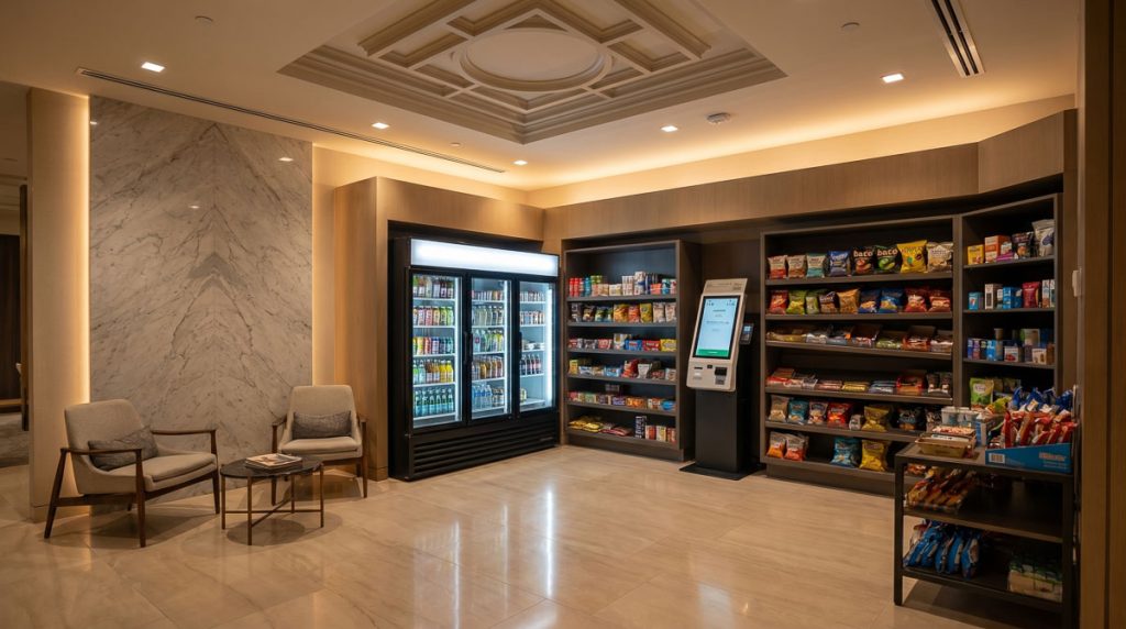 Oversized micro market setup crowding a small luxury building common area illustrating a common vending format mistake.