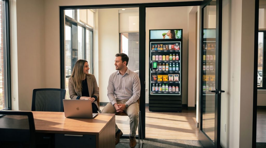 Property management team discussing smart vending amenity operations and resident value at a leasing office.