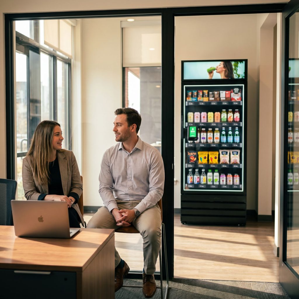 Property management team discussing smart vending amenity operations and resident value at a leasing office.
