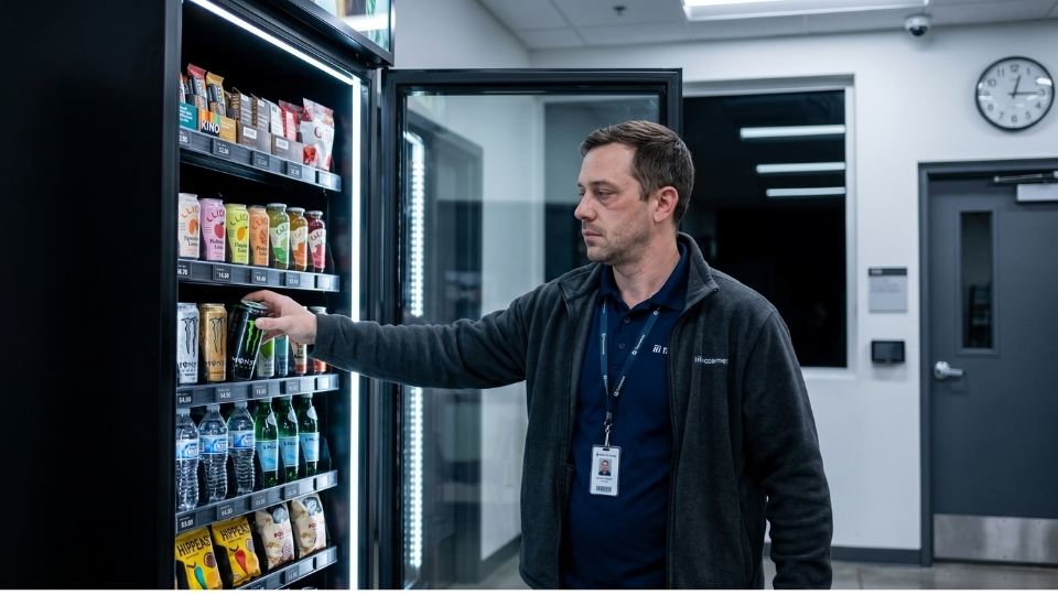 Night shift worker using a vending cabinet as the only food option available during overnight operational hours.