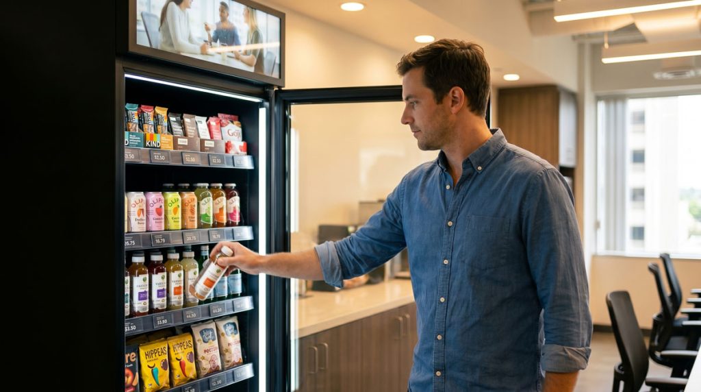 Office employee grabbing a drink from a workplace smart vending cabinet during a regular midday break.