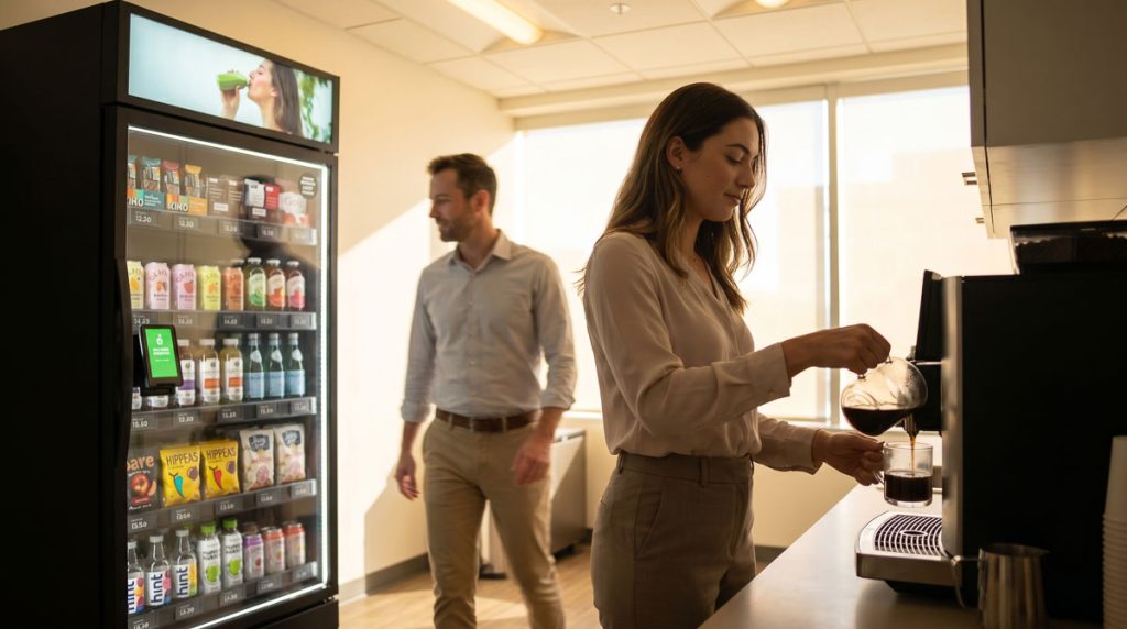 Office employees in morning breakroom routine with coffee and smart vending cabinet as part of their daily flow.