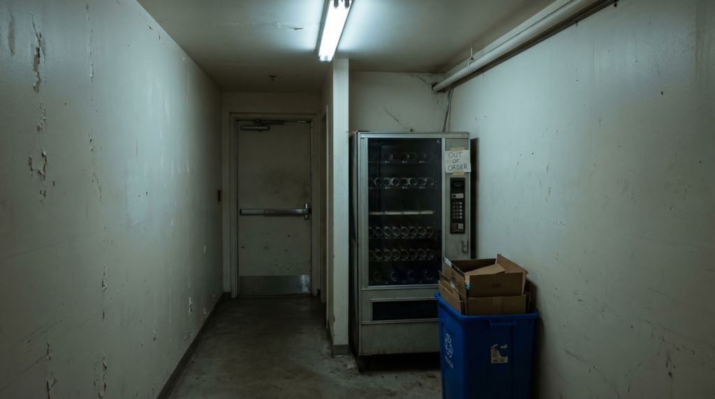 Empty poorly placed vending machine in a dim back office hallway illustrating a common workplace vending mistake.