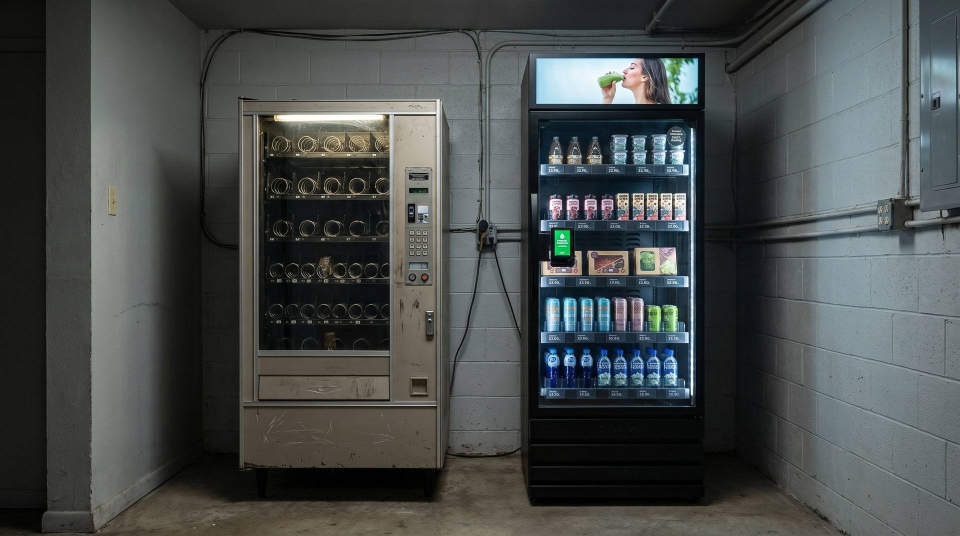 Side-by-side comparison of a traditional coin-operated vending machine versus a modern smart store.