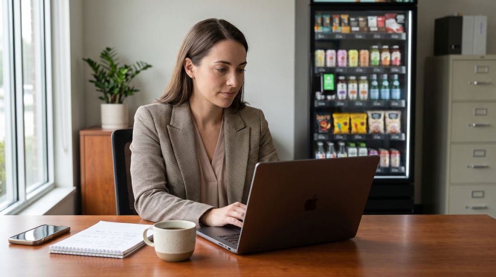 Property manager at leasing office desk focused on core work while vending service runs independently.