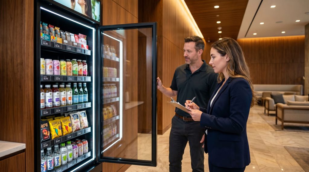 Property manager and vending provider doing a site walkthrough to confirm vending placement in a luxury building.