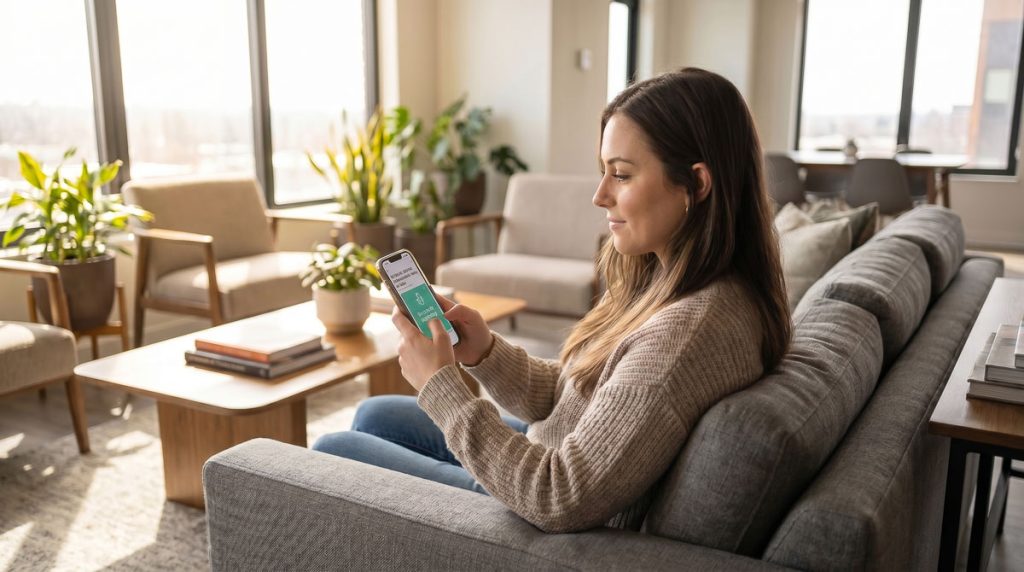Apartment resident reading a smart vending amenity announcement on a resident portal app on their phone.