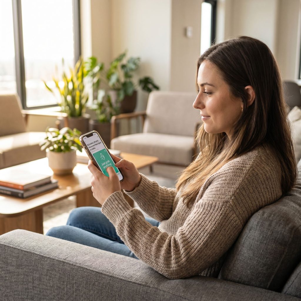 Apartment resident reading a smart vending amenity announcement on a resident portal app on their phone.