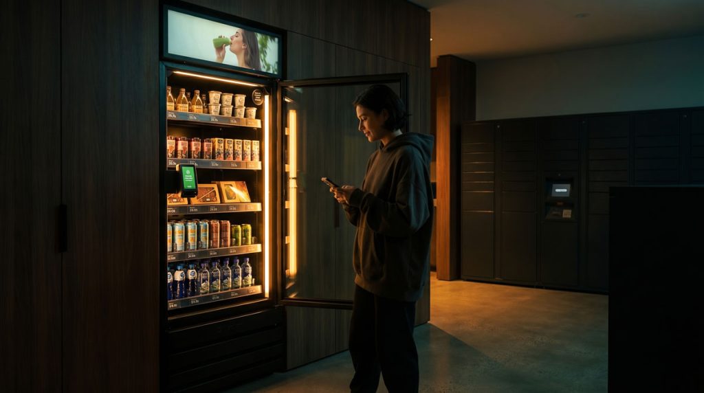 Apartment resident buying a late-night snack at an illuminated smart kiosk in a dark lobby.