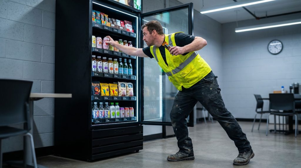 Manufacturing shift worker quickly grabbing an energy drink and snack from a vending cabinet during a short timed break.