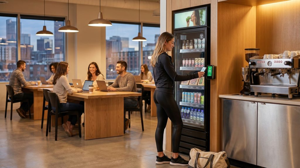 Woman purchasing a snack from a self-service micro-market inside a modern coworking space lounge.
