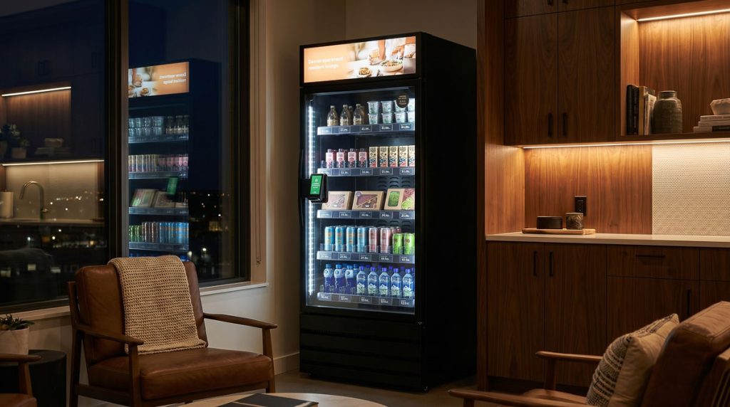 Brightly lit luxury smart store kiosk in a high-end building lobby at night.