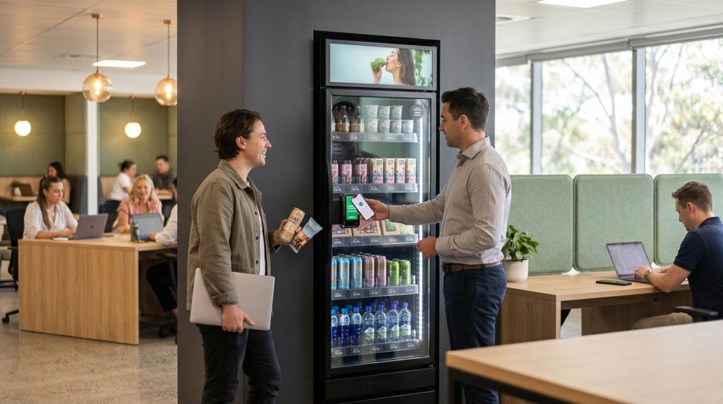 Two office workers chatting while purchasing snacks at a workplace smart store.