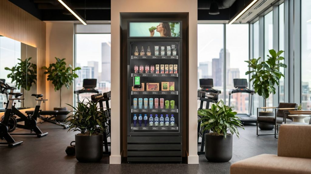 Automated smart store micro-market integrated into a modern gym and fitness center.