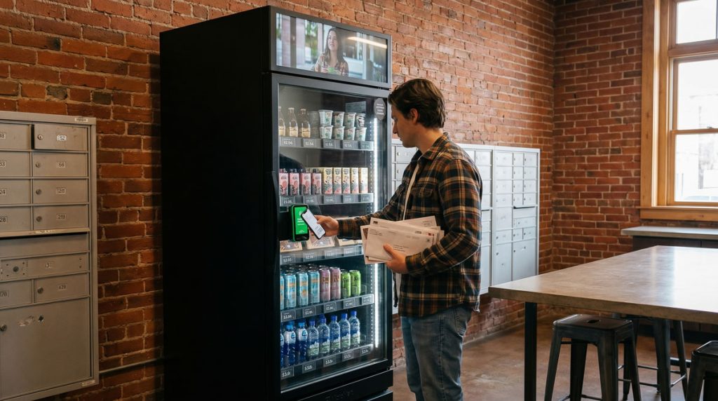 Compact self-service smart store kiosk seamlessly integrated into a building mailroom.