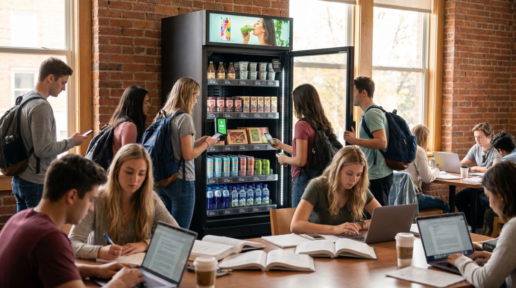 Group of students buying snacks from a self-service micro-market in a campus study area.