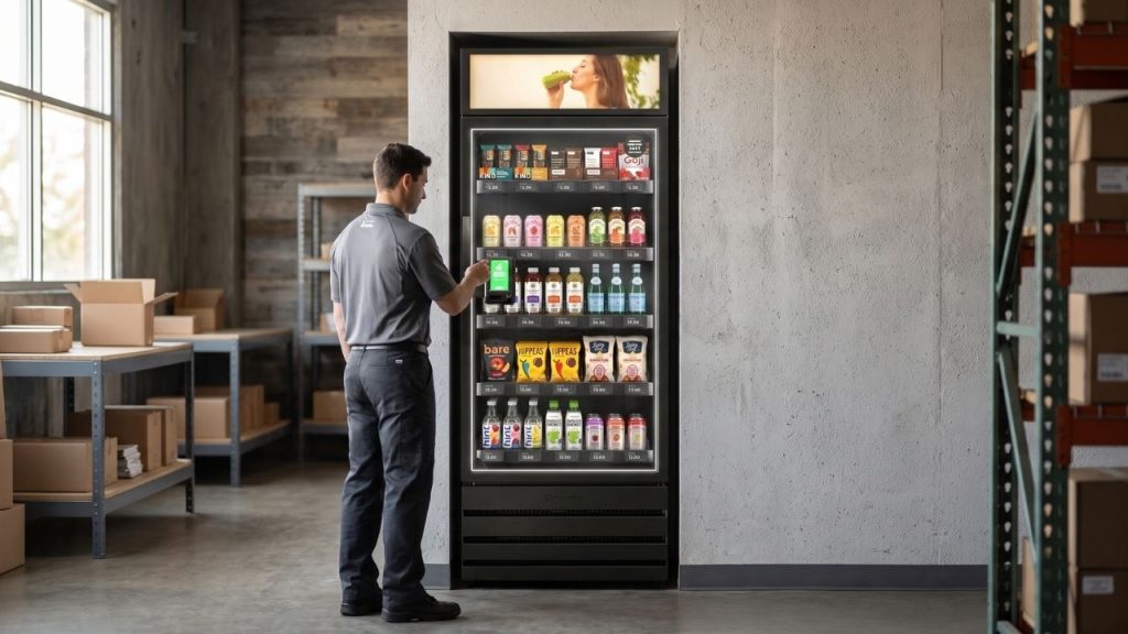 Warehouse packing team member accessing a smart store cabinet placed close to their work zone