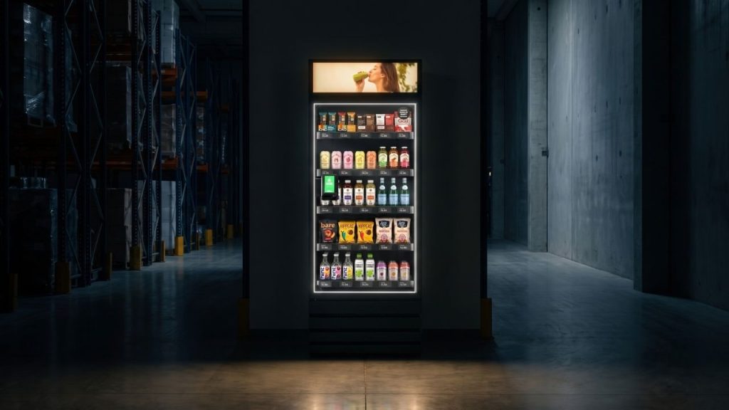 Micro Mart smart vending machine glowing in a quiet warehouse corridor during a night shift, no people present