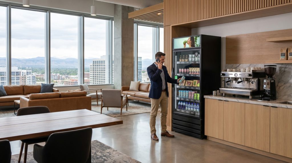 Businessman buying a quick snack from a smart store kiosk while talking on his mobile phone.