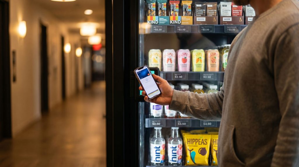 Apartment resident tapping a mobile wallet to pay at a smart vending cabinet cashless payment terminal.