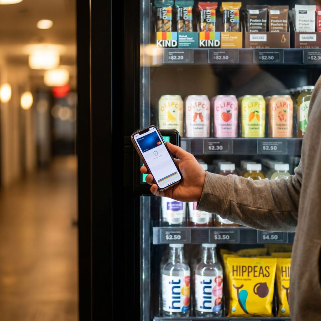 Apartment resident tapping a mobile wallet to pay at a smart vending cabinet cashless payment terminal.