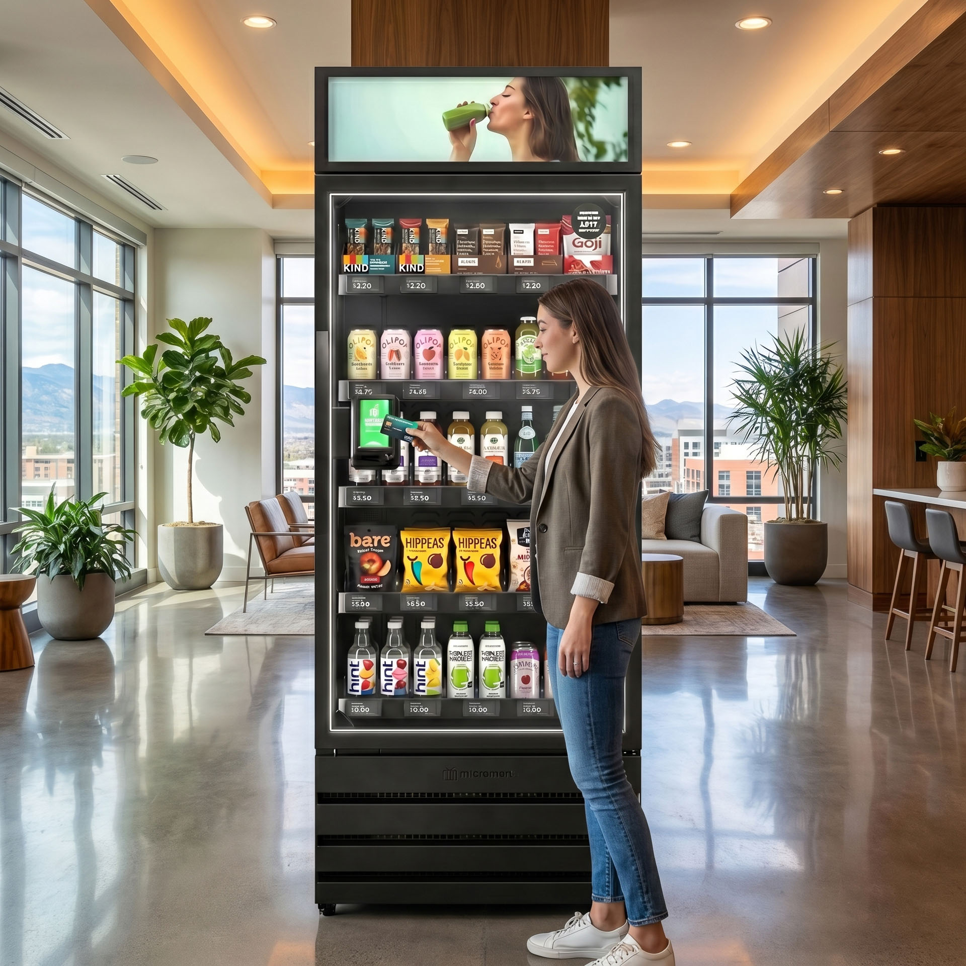 Smart vending machine in a modern Denver apartment lobby as a resident amenity.