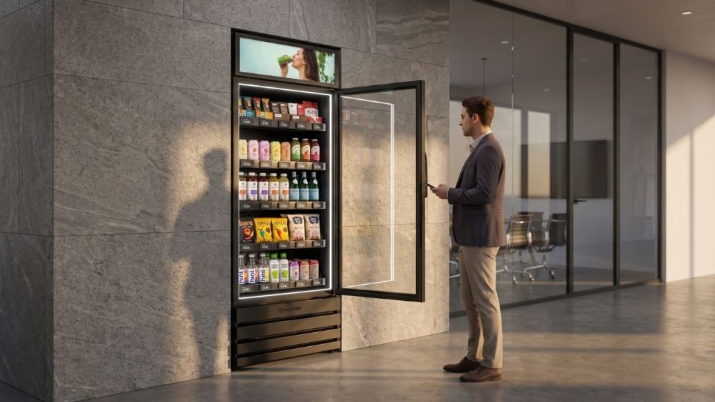 Smart vending machine tucked into a hallway alcove near a meeting area during an afternoon office break