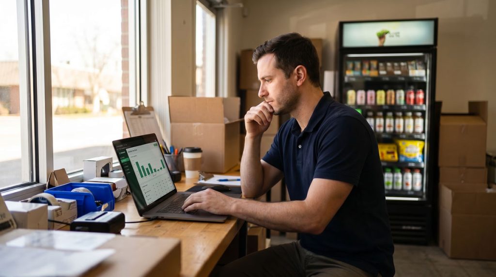 Vending operator reviewing AI inventory demand data and sales patterns on a tablet or laptop.