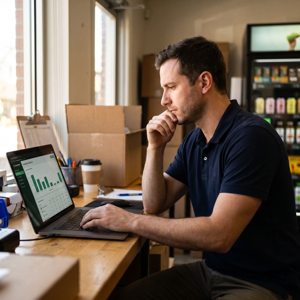 Vending operator reviewing AI inventory demand data and sales patterns on a tablet or laptop
