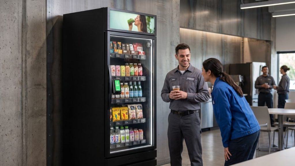 Tall black smart vending machine in a manufacturing breakroom used by shift workers during a break, illustrating a compact, always-available amenity.