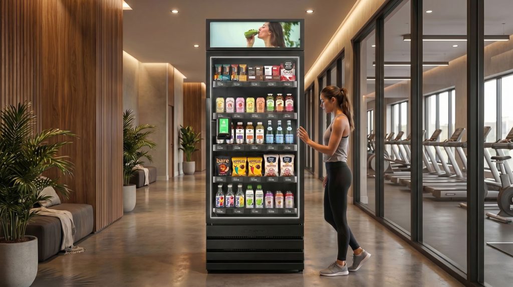 Smart vending cabinet near a fitness center in a Denver multifamily apartment building.